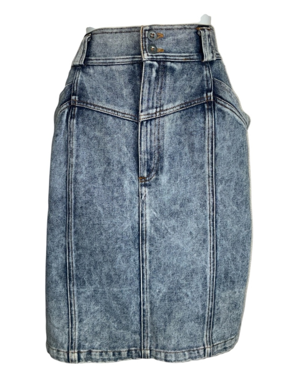 CHAUS Blue Acid Wash Denim Mini Skirt, Great Tailoring, Back Slit, Pockets 14 - Picture 3 of 12